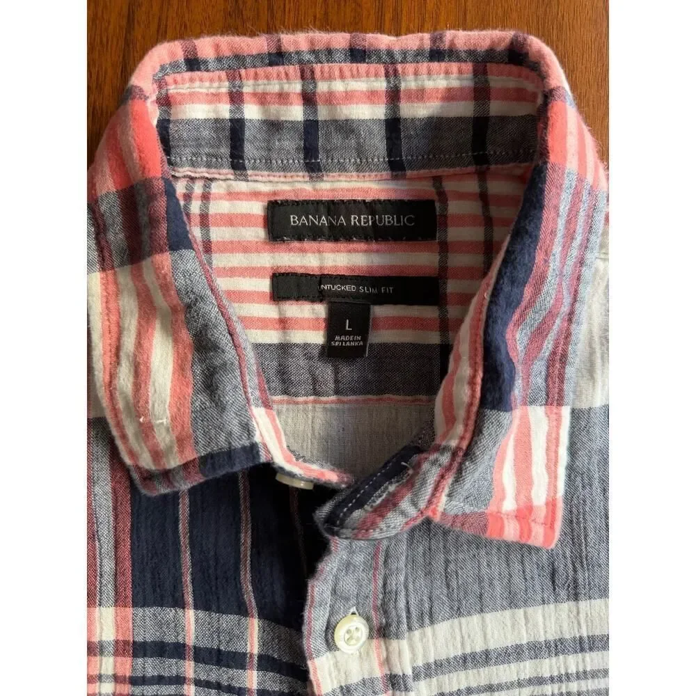 Banana Republic Men's Untucked Slim Fit Blue Plaid Button-Down Shirt - Size L